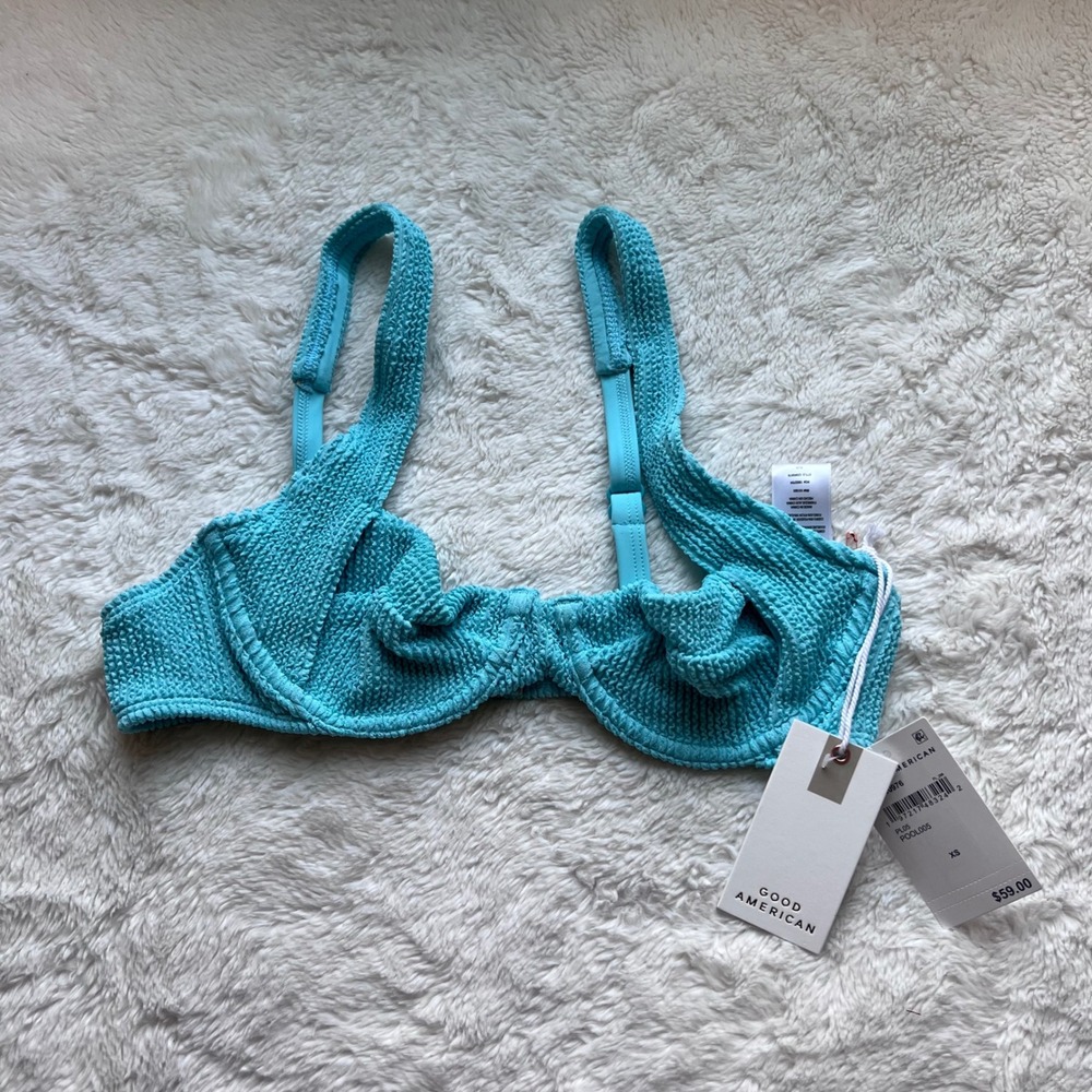 Good American Always Fits‎ Underwire Bikini Top Pool Blue Crinkle GSW0976 XS NEW